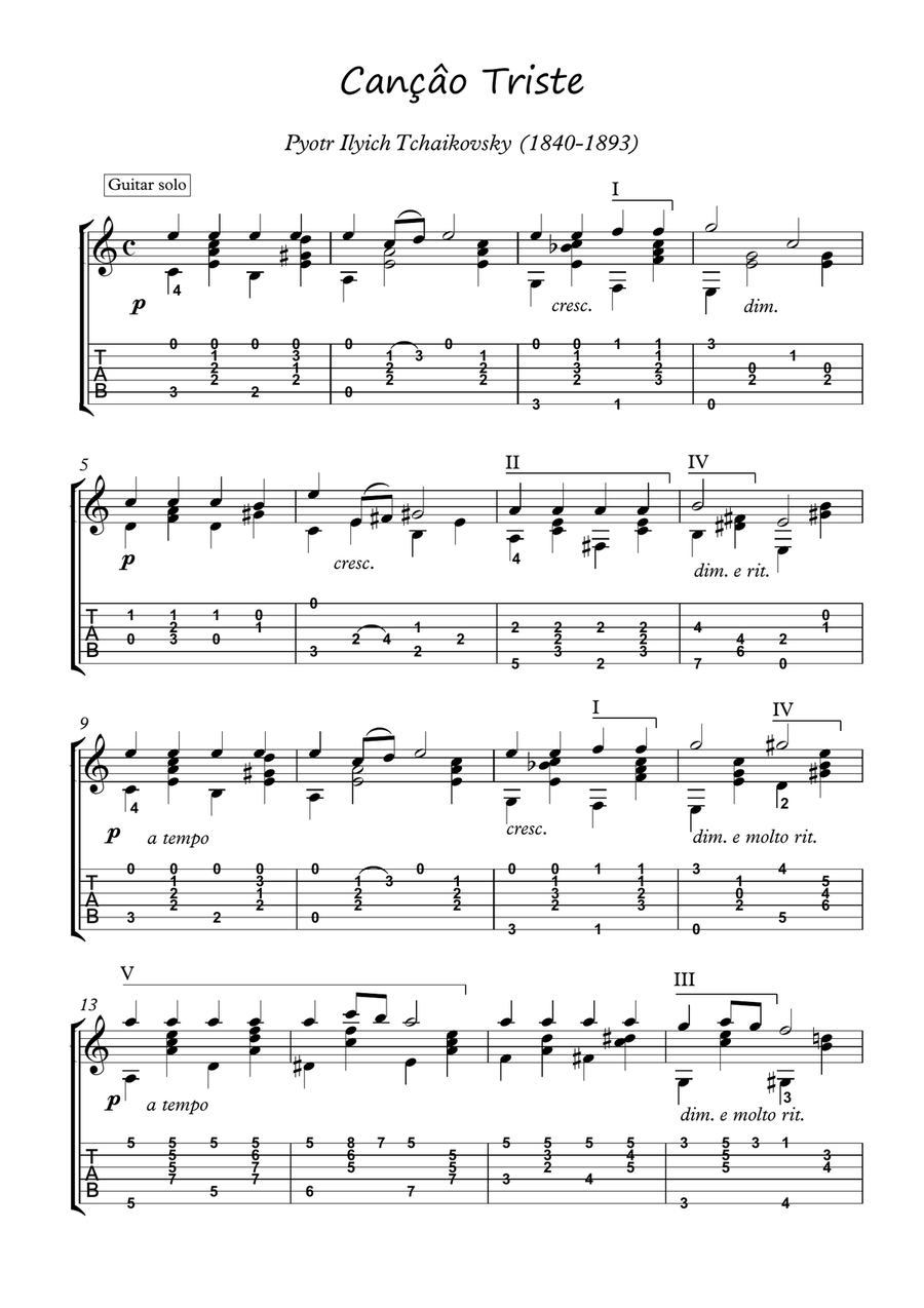 Tsaikovski Chanson Triste classical guitar solo Acoustic Guitar scores gallery preview page 1