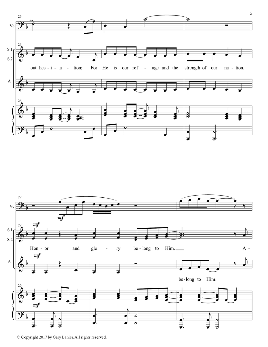 AMERICA, HONOR GOD (Ladies Trio - SSA with Cello & Piano) SSA scores gallery preview page 6