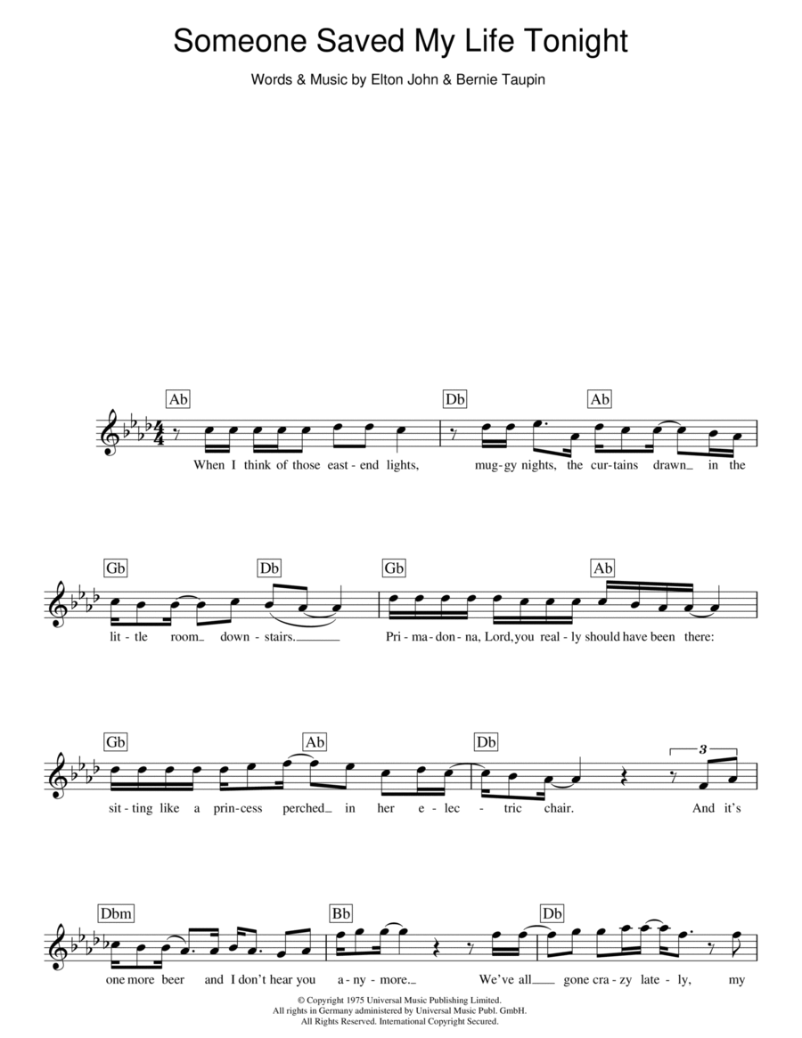 Someone Saved My Life Tonight Piano scores gallery preview page 1