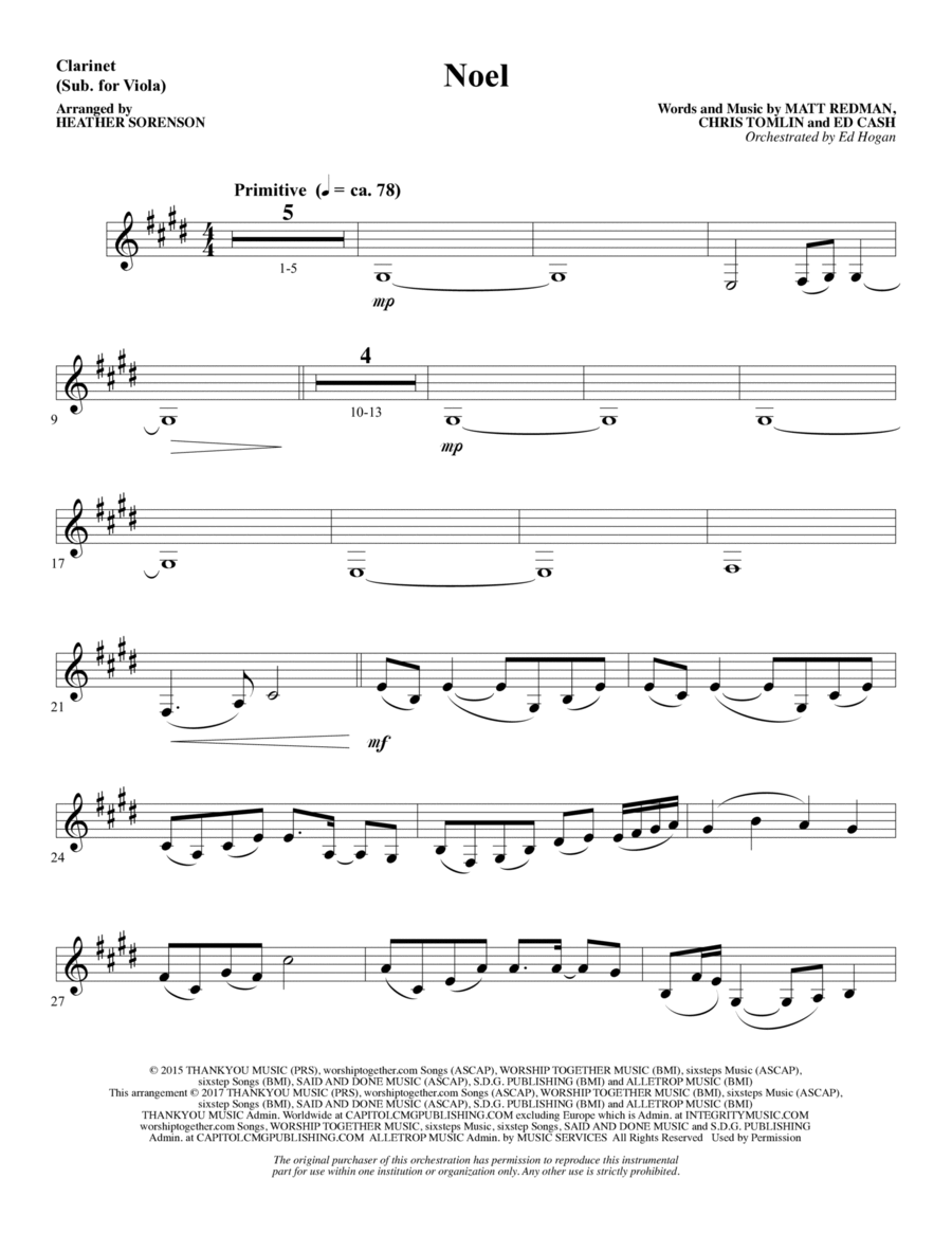 Noel (feat. Lauren Daigle) (arr. Heather Sorenson) - Clarinet (sub Viola) Choir scores gallery preview page 1