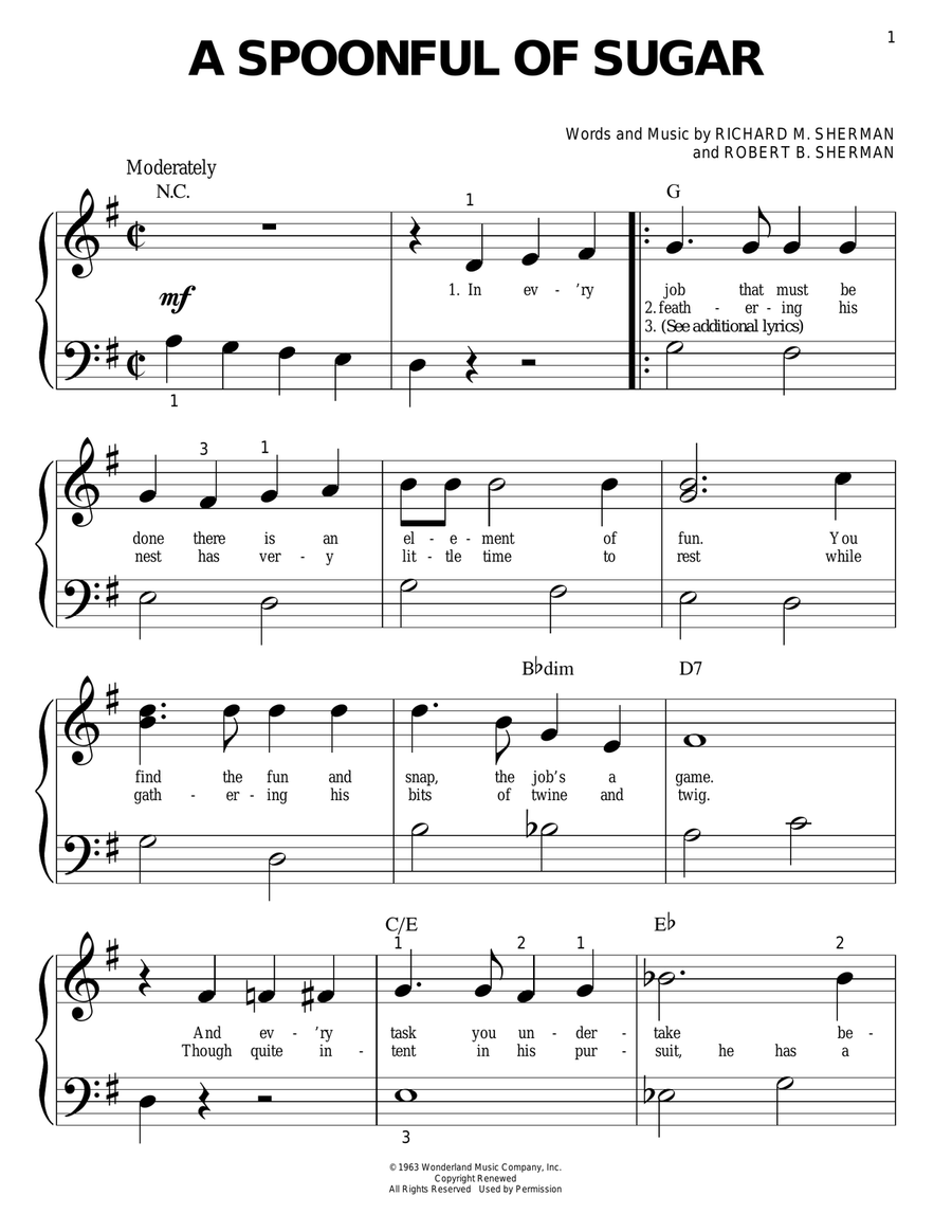 A Spoonful Of Sugar (from Mary Poppins) Easy Piano scores gallery preview page 1