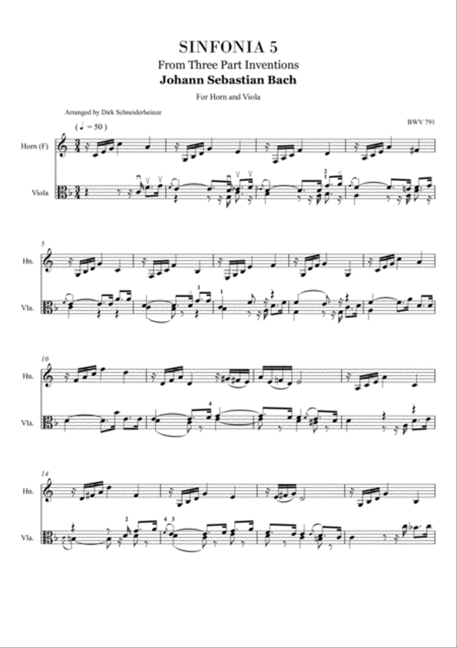 J.S. Bach - SINFONIA #5 - Arranged for Horn and Viola Horn scores gallery preview page 1