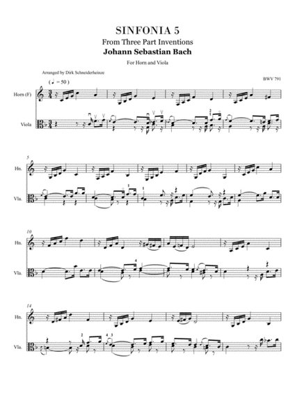 J.S. Bach - SINFONIA #5 - Arranged for Horn and Viola image number null