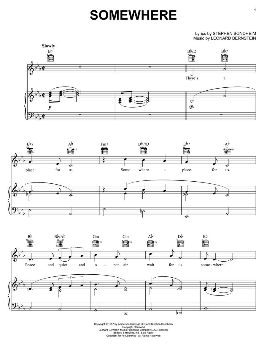 Somewhere (from West Side Story) Piano, Vocal, Guitar scores gallery preview page 1