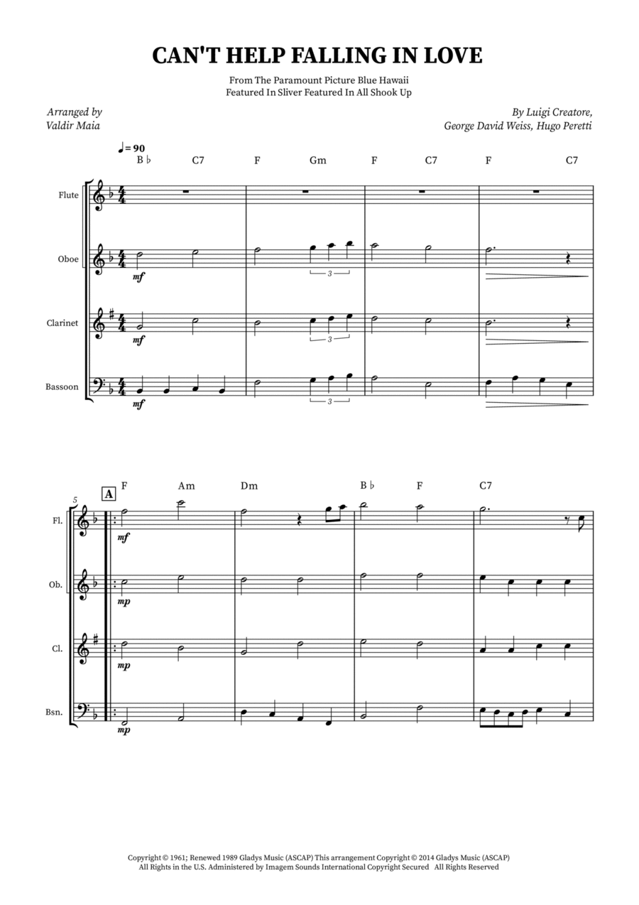 Can't Help Falling In Love Woodwind Quartet scores gallery preview page 1