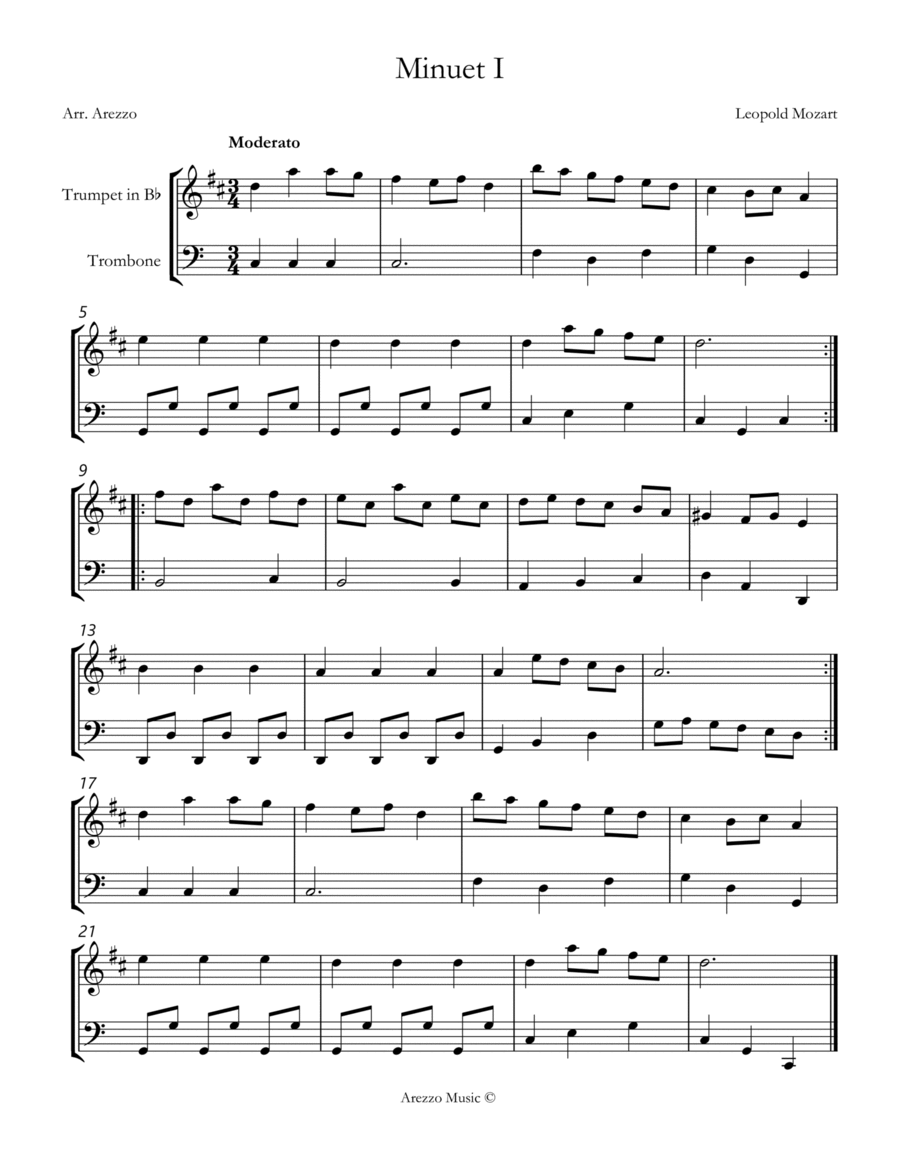 leopold mozart notebook for wolfgang minuet I Trumpet and Trombone sheet music Brass Duet scores gallery preview page 1
