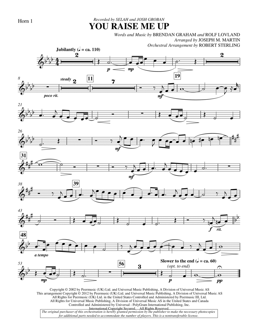You Raise Me Up - F Horn 1 Choir scores gallery preview page 1