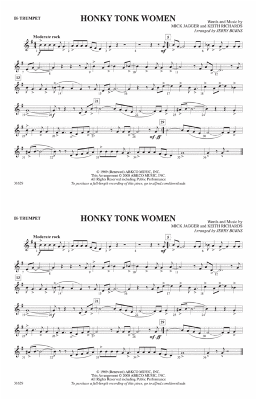 Honky Tonk Women: 1st B-flat Trumpet Marching Band scores gallery preview page 1