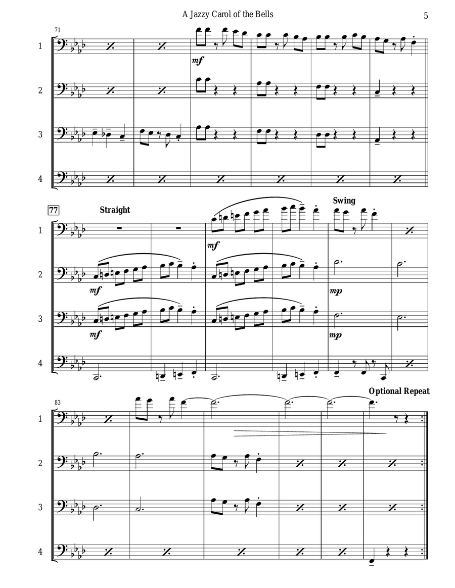 Carol of the Bells (Jazz Waltz for Trombone Quartet) Brass Quartet scores gallery preview page 6