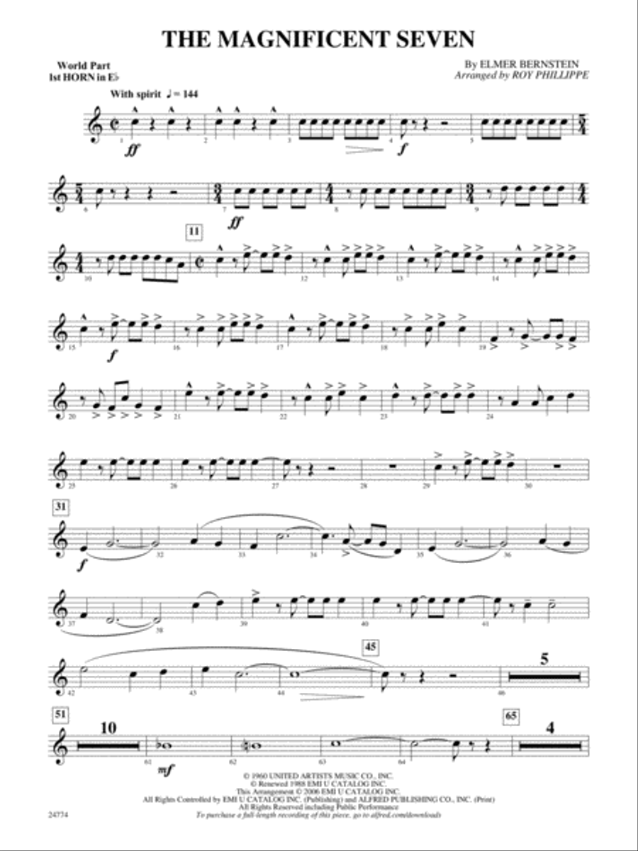 The Magnificent Seven: (World Part) 1st Horn in E-flat Concert Band scores gallery preview page 1