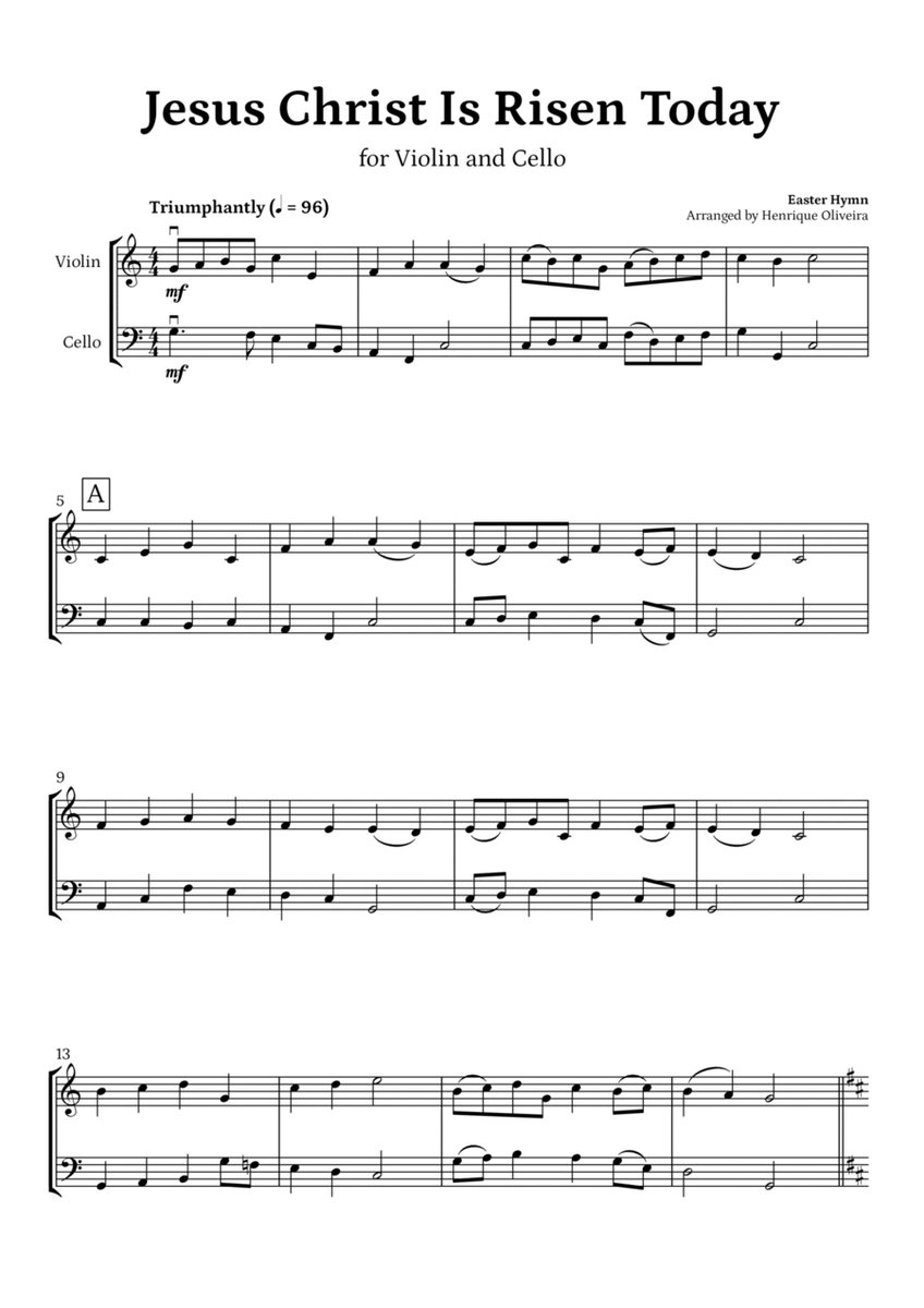 Jesus Christ Is Risen Today (for Violin and Cello) - Easter Hymn image number null