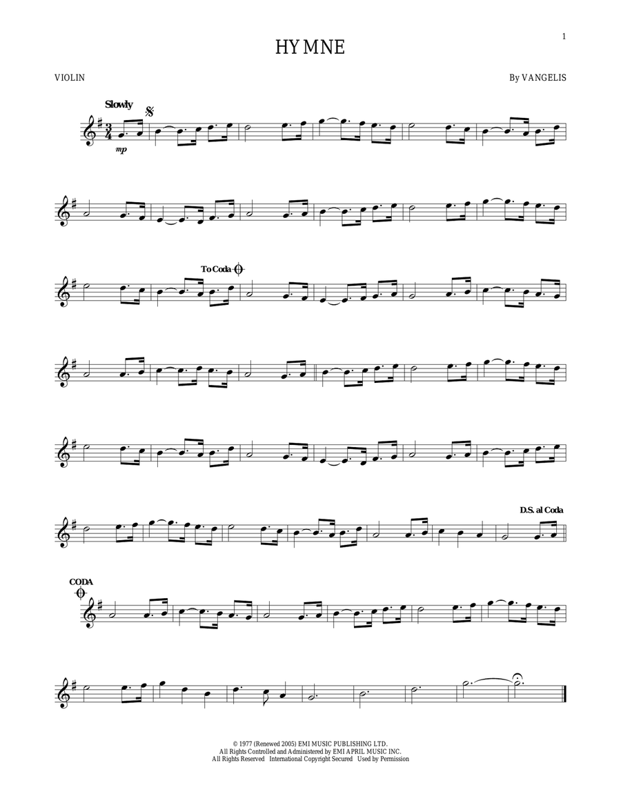 Hymne Violin Solo scores gallery preview page 1