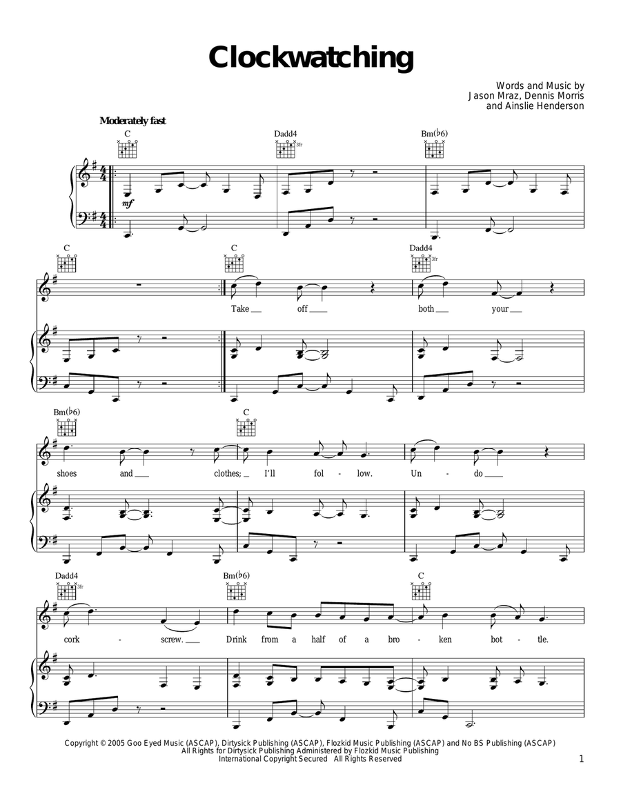 Clockwatching Piano, Vocal, Guitar scores gallery preview page 1