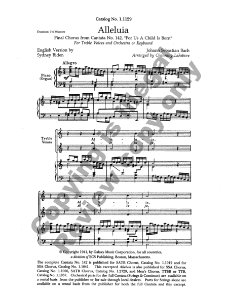 Alleluia from For Us a Child is Born (Uns ist ein Kind geboren) (Cantata No. 142) (Choral Score)