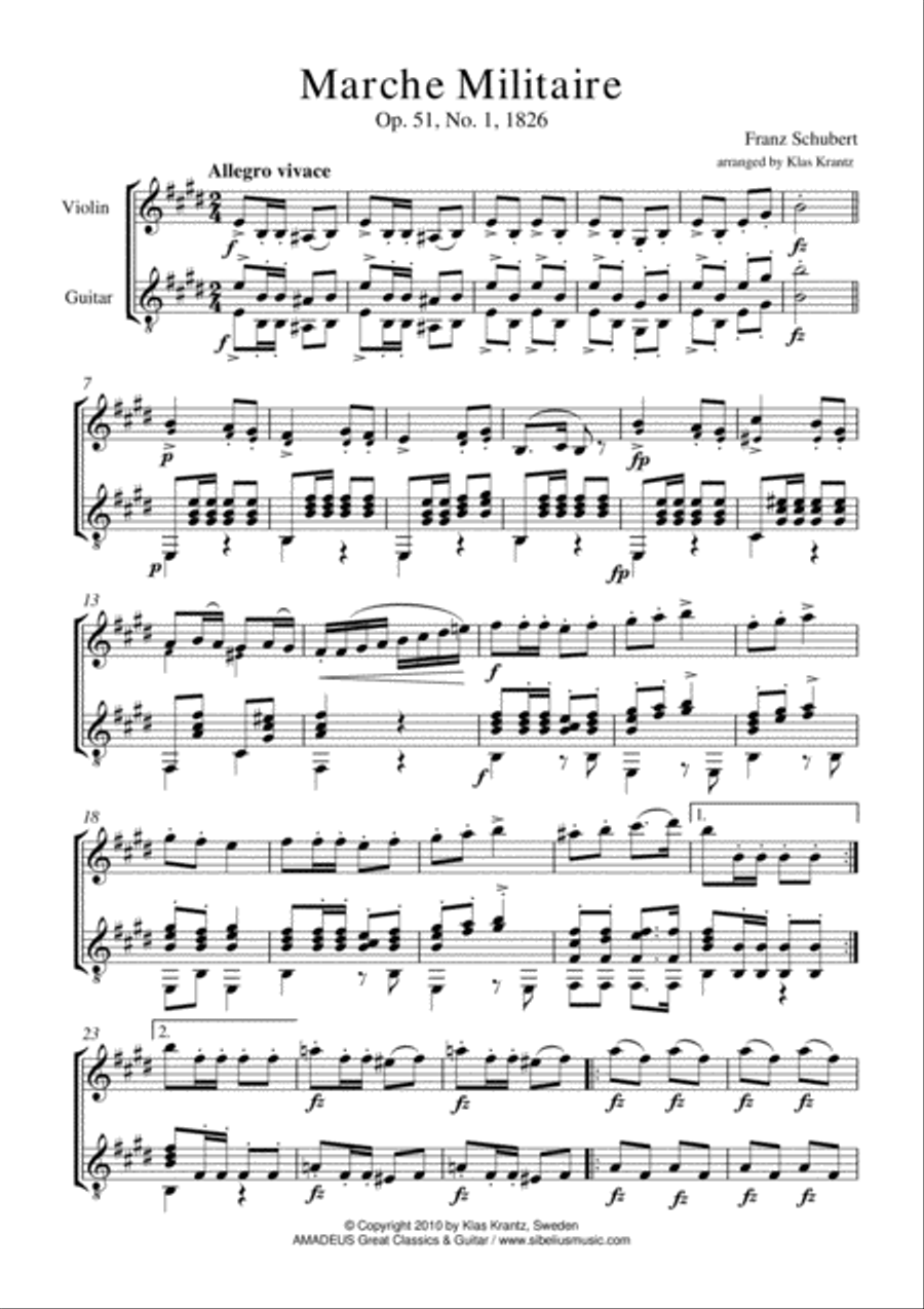 Marche Militaire Op. 51 (E Major) for violin and guitar String Duet scores gallery preview page 2