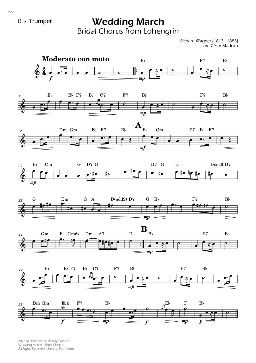 Wedding March (Bridal Chorus) - Bb Trumpet Solo - W/Chords B-Flat Trumpet scores gallery preview page 1