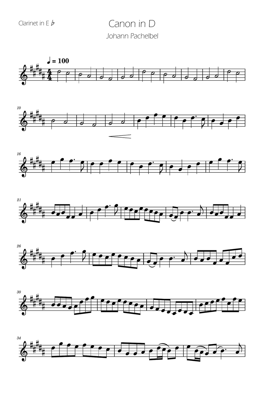 Canon in D - Clarinet in Eb Solo E-Flat Clarinet scores gallery preview page 1