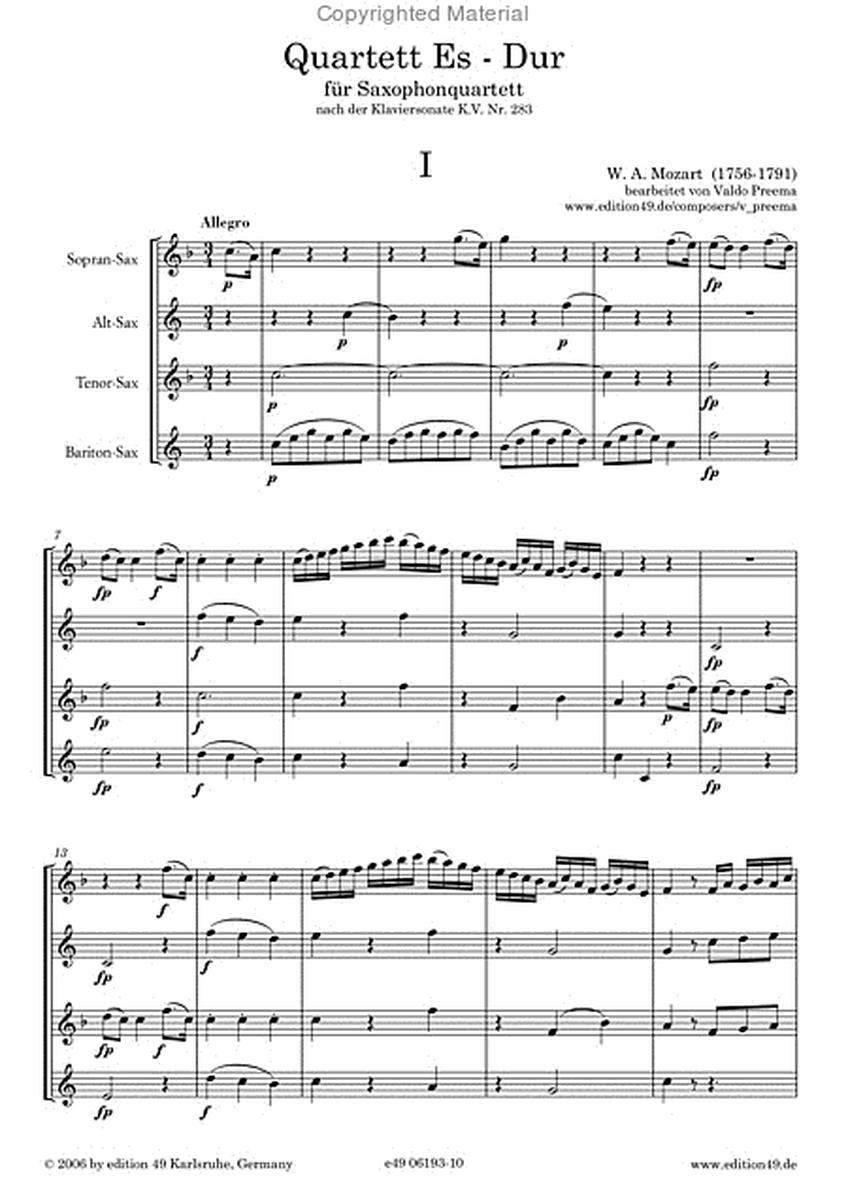 Quartett Es-Dur nach der Klaviersonate KV 283 fur Saxophonquartett
