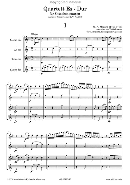 Quartett Es-Dur nach der Klaviersonate KV 283 fur Saxophonquartett