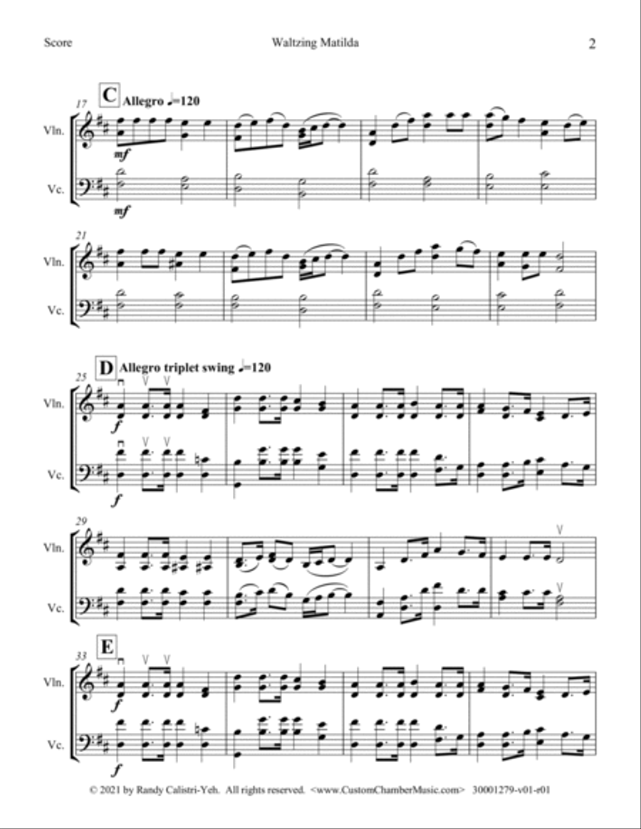 Waltzing Matilda (violin/cello duet) String Duet scores gallery preview page 2