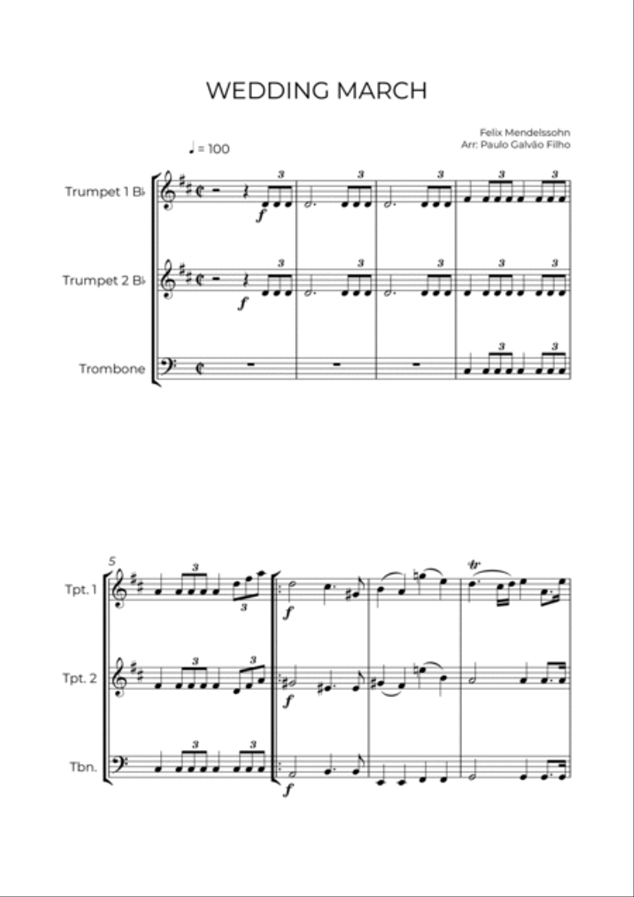 WEDDING MARCH - MENDELSSOHN - BRASS TRIO (TRUMPET 1, TRUMPET 2 & TROMBONE) Brass Trio scores gallery preview page 2