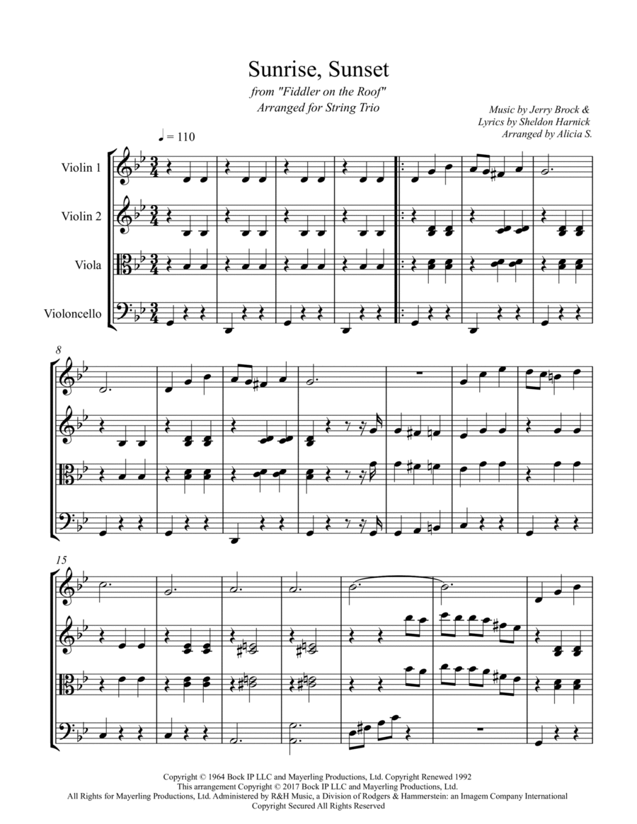 Sunrise, Sunset Sunrise, Sunset String Trio scores gallery preview page 1