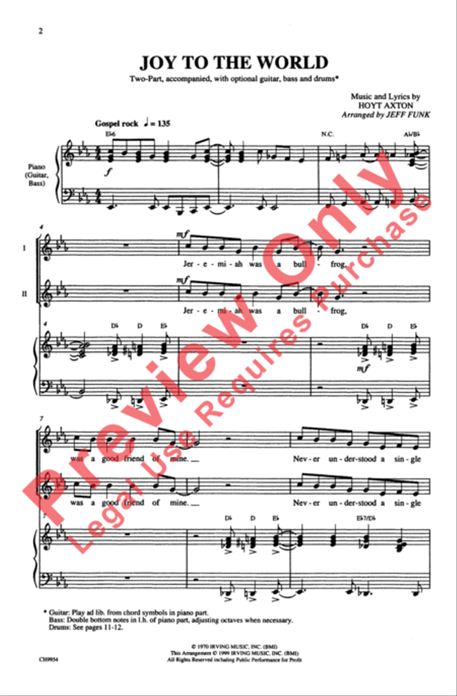 Joy to the World (Jeremiah Was a Bullfrog) Unison Choir scores gallery preview page 2