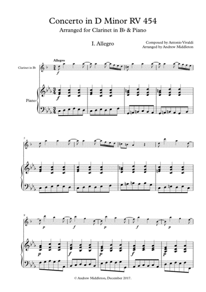 Concerto in D Minor RV 454 arranged for Clarinet and Piano image number null