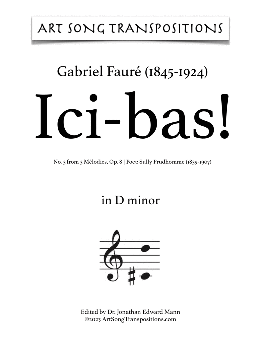 FAURÉ: Ici-bas! Op. 8 no. 3 (transposed to D minor) Voice scores gallery preview page 1