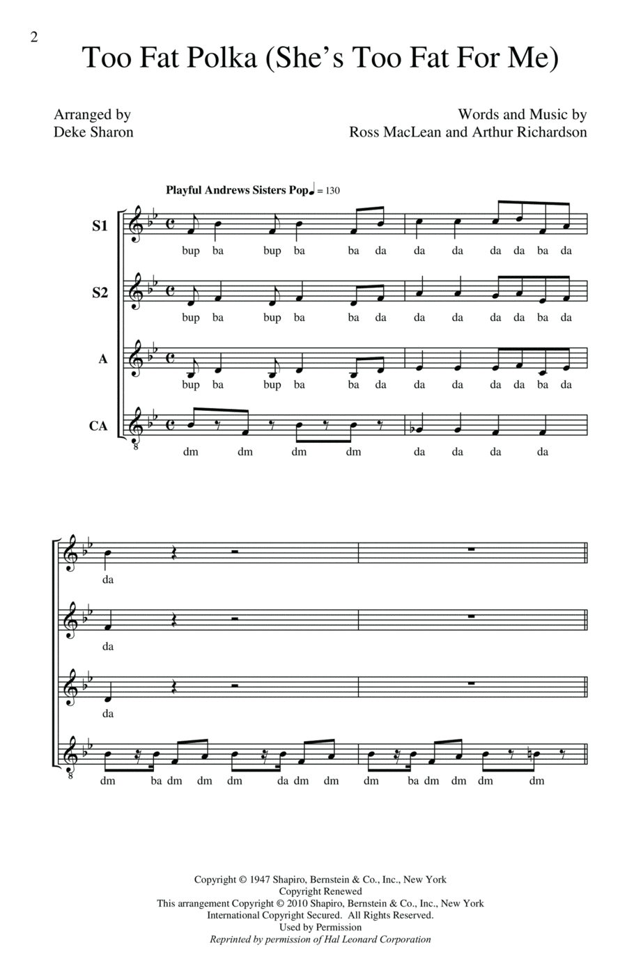 Too Fat Polka (She's Too Fat For Me) SSA scores gallery preview page 1