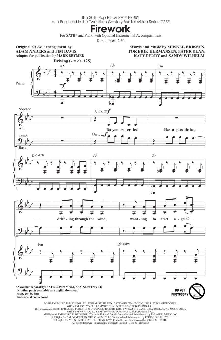 Firework (adapted by Mark Brymer) 4-Part scores gallery preview page 1