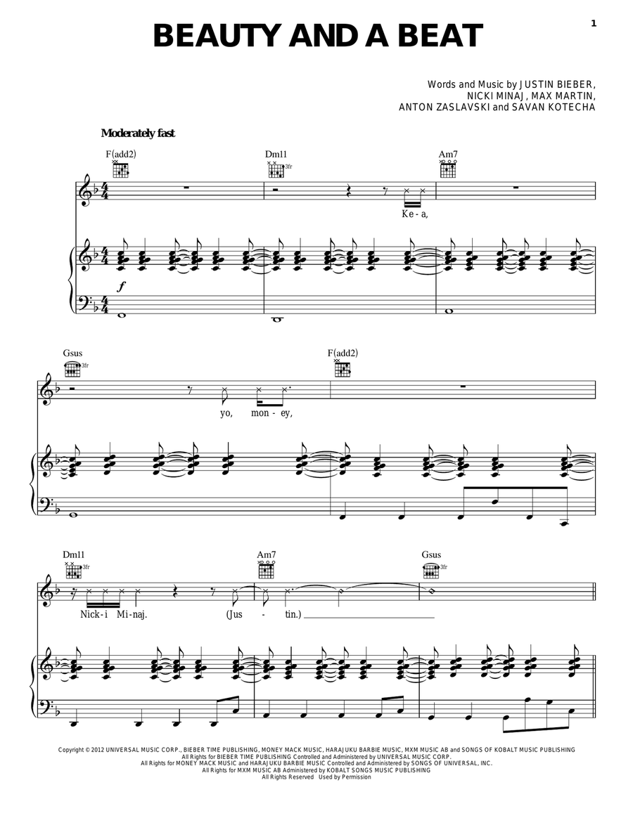 Beauty And A Beat Beauty And A Beat Piano, Vocal, Guitar scores gallery preview page 1