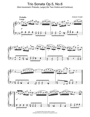 Book cover for Trio Sonata Op.5, No.6 (1st Movement: Preludio, Largo) (for Two Violins and Continuo)