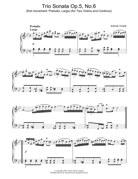 Trio Sonata Op.5, No.6 (1st Movement: Preludio, Largo) (for Two Violins and Continuo)