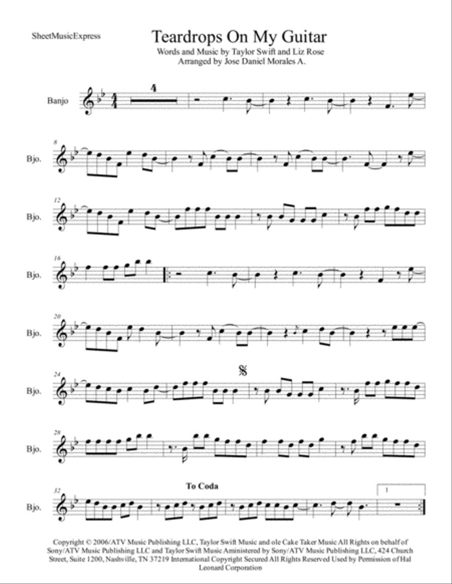 Teardrops On My Guitar Teardrops On My Guitar Banjo scores gallery preview page 1