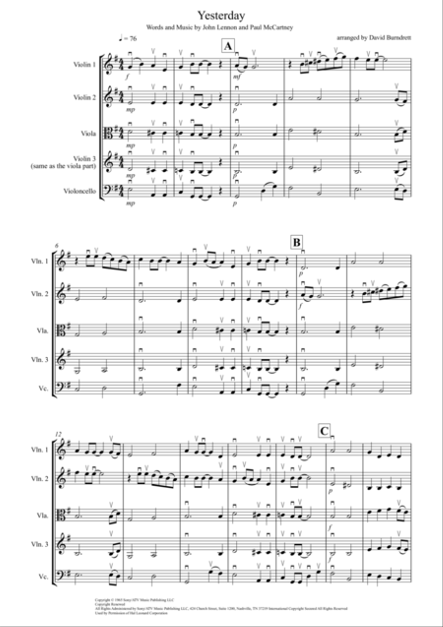 Yesterday Yesterday String Quartet scores gallery preview page 1