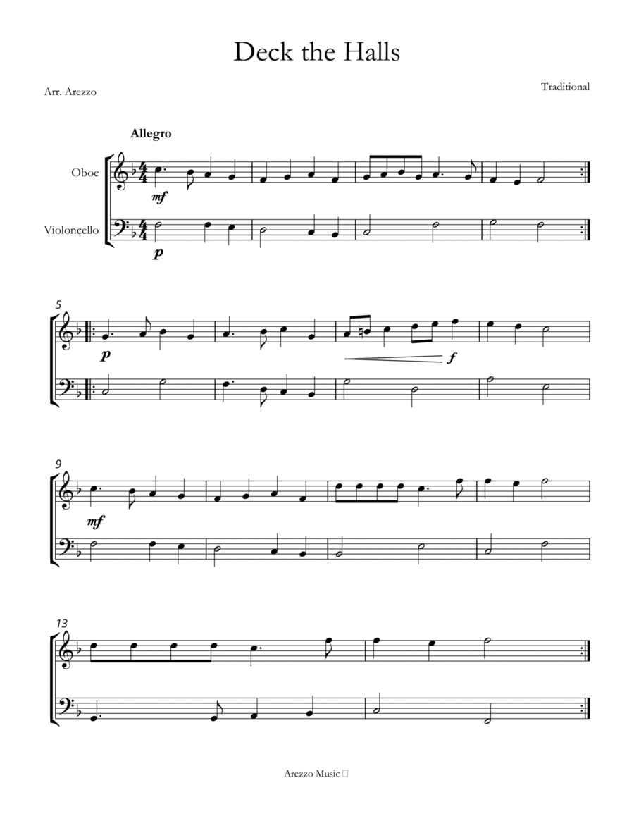 deck the halls sheet music arrangement for Oboe and Cello image number null