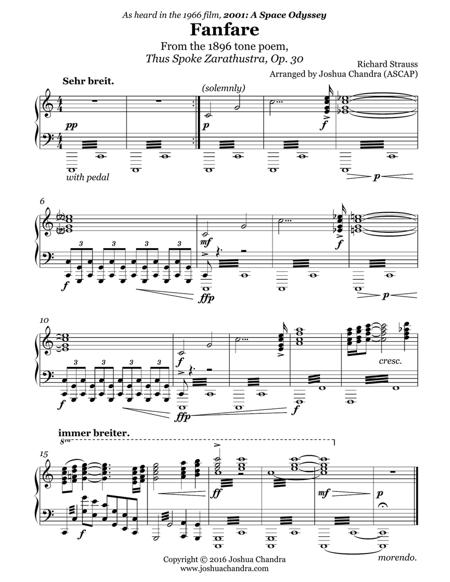 Zarathustra Fanfare (2001: A Space Odyssey Theme) Piano Solo scores gallery preview page 1