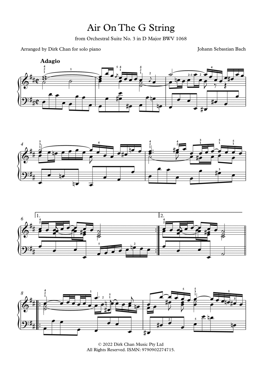 Air On The G String from Orchestral Suite No.3 in D Major BWV 1068 Arranged for Solo Piano Piano Solo scores gallery preview page 1