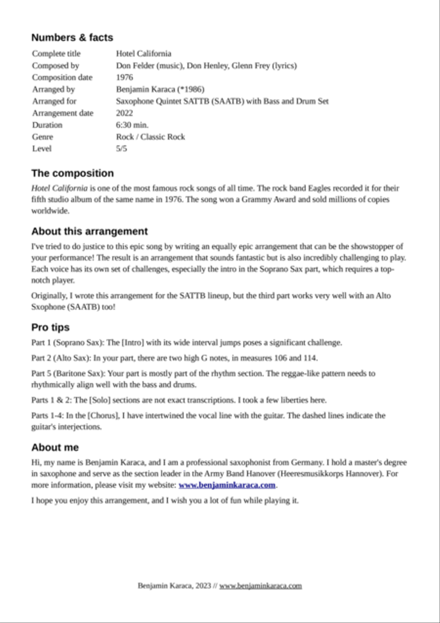 Hotel California Saxophone Quintet scores gallery preview page 2