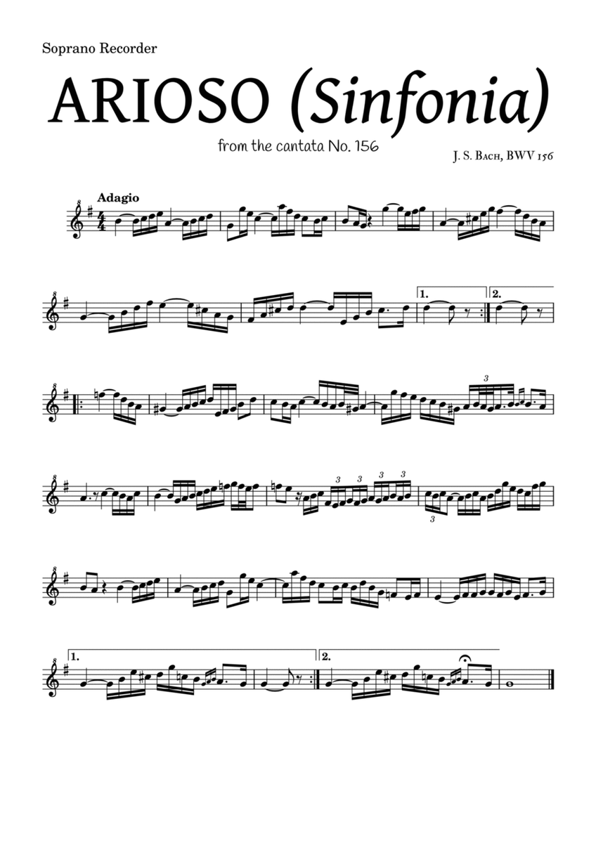 ARIOSO, by J. S. Bach (sinfonia) - for Soprano Recorder and accompaniment image number null
