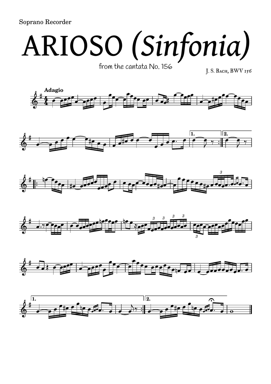 ARIOSO, by J. S. Bach (sinfonia) - for Soprano Recorder and accompaniment Soprano Recorder scores gallery preview page 1