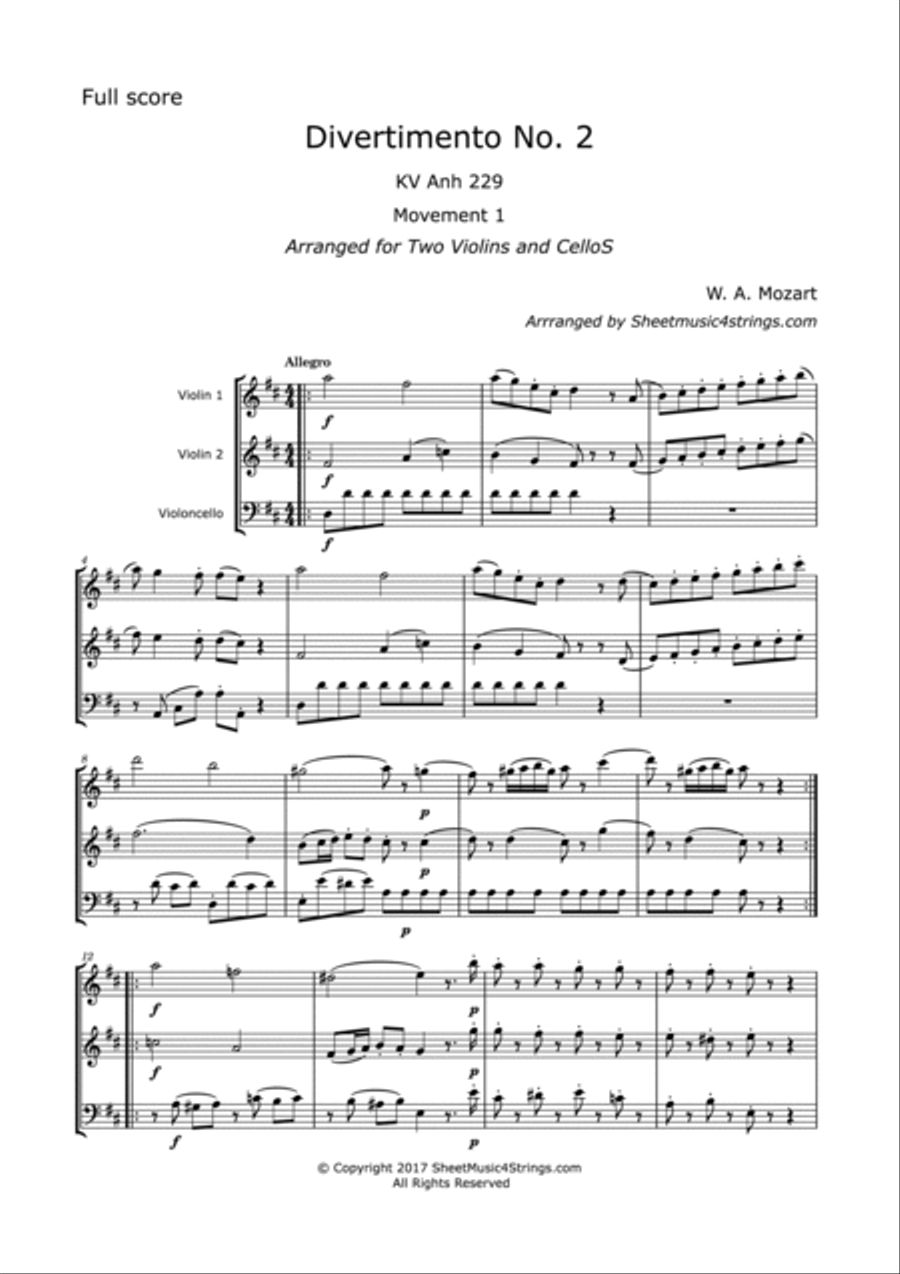 Divertimento No.2, K. 229, Arranged for Two Violins and Cello String Trio scores gallery preview page 2