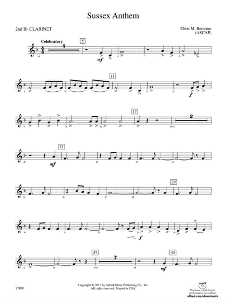 Sussex Anthem: 2nd B-flat Clarinet Concert Band scores gallery preview page 1