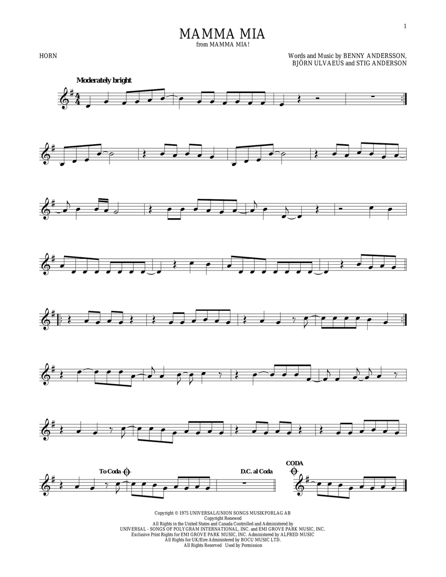 Mamma Mia Horn Solo scores gallery preview page 1