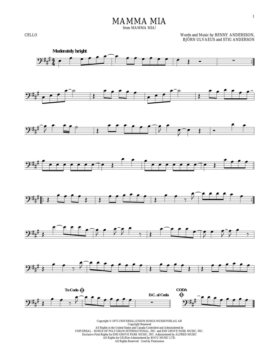 Mamma Mia Cello Solo scores gallery preview page 1