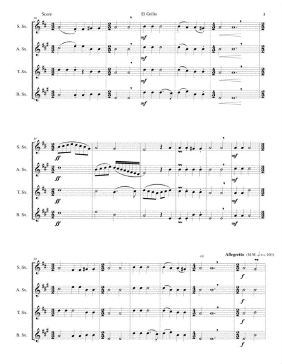 El Grillo (The cricket) - with decorations - for saxophone quartet Saxophone Quartet scores gallery preview page 3