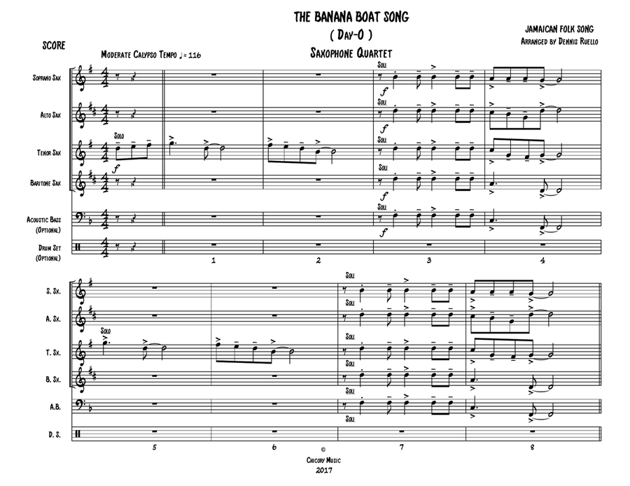 The Banana Boat Song (Day - O) - Sax Quartet (SATB or AATB) Plus Optional Acoustic Bass and Drum Set Saxophone Quartet scores gallery preview page 1