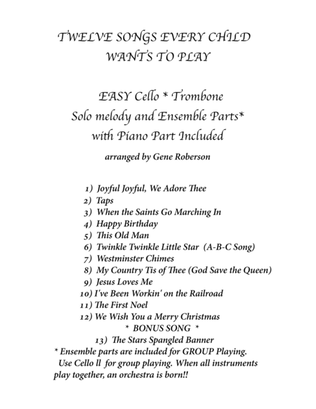 Twelve Easy Songs for Children Cello or Trombone Other C Bass instruments