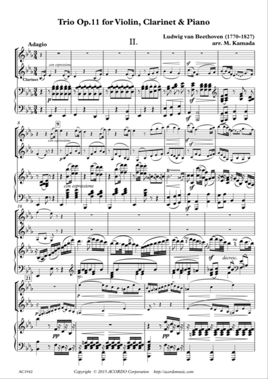 Adagio from Trio Op.11 for Violin, Clarinet & Piano Small Ensemble scores gallery preview page 1
